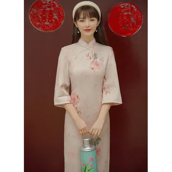 Çin Tarzı Cheongsam Genç Basit Zarif Retro Çin Tarzı Modern Uzun Qipao High-end Oryantal Parti Çiçek İnci Elbise
