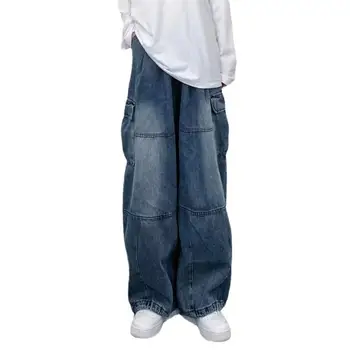 Erkekler Baggy Kargo Kot Çoklu Cepler Düz Renk Fermuar Fly Gevşek Düz Geniş Bacak Pantolon Sonbahar Denim Pantolon Streetwear