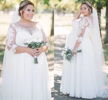 Artı Boyutu düğün elbisesi 2021 Hamile Yarım Kollu A-Line Dantel Aplikler Şifon gelinlikler Kadınlar İçin Zarif Gelin