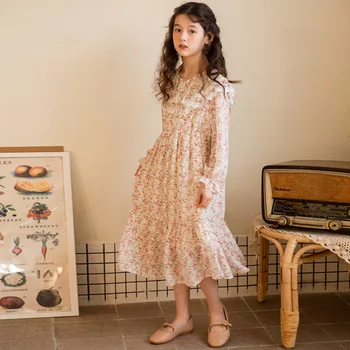 Kızlar Midi Elbise 2022 Yeni Bahar Çocuklar Kızlar için Elbiseler Genç Çiçek Astar ile Çiçek Bebek Çocuk Giysileri,#5973