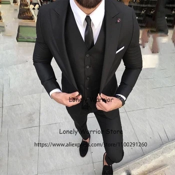 Klasik Siyah Erkek Takım Elbise Slim Fit Resmi İş Blazer Düğün Damat Smokin Ziyafet 3 Parça Ceket Yelek pantolon seti Kostüm Homme