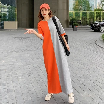 2020 Kadın Yaz Zarif Saf Pamuk Patchwork Uzun Düz Elbise Gevşek Bel Rahat Kazak Midi Elbiseler