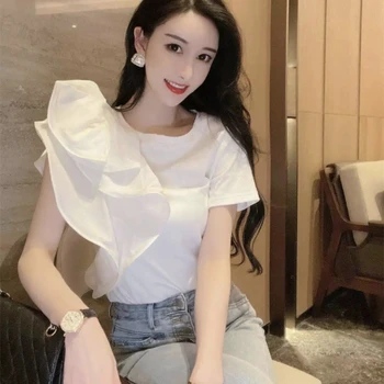Kore Kız Tarzı beyaz tişört Kadınlar Yeni Üç Boyutlu Eğik Kesim Ruffled Kısa Kollu Üst T-shirt Yaz Tees 2022