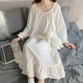 QWEEK Prenses Gecelik Kadın Sonbahar Uzun Gecelik Dantel Pijama Uzun Kollu Gecelik Beyaz Uyku Elbise Artı Boyutu 3XL