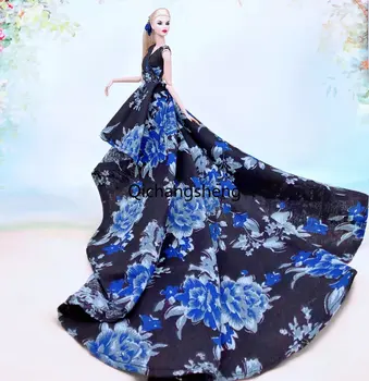 1/6 oyuncak bebek giysileri Mavi Siyah Çiçek Fishtail düğün elbisesi İçin barbie bebek Kıyafetler Prenses Elbisesi 11.5 
