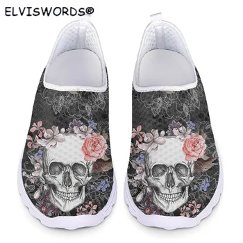ELVISWORDS Siyah Kafatası Çiçek 3D Baskı Ayakkabı Kadınlar için Yaz Nefes Bayanlar Flats Ayakkabı Hava Mesh Kadın Sneakers üzerinde Kayma