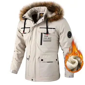 Sonbahar Kış Ceket Parkas Erkekler Çok Cep Büyük Kürk Yaka Kapşonlu Polar Su Geçirmez Kalın Ceketler Moda Rahat Kargo Ceket