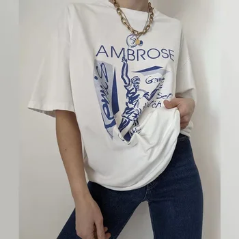 Beyaz Vintage Graffiti Baskı Hip Hop Grafik T Shirt Kadın Y2k Estetik O Boyun Kısa Kollu Yaz Tshirt kadın kıyafetleri Yeni