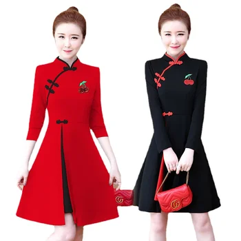 Siyah Kırmızı Ince Qipao Kadın Çince Elbise Geleneksel Vestido Chino Mujer Modern Eleganti Vintage Cheongsam 4XL Geliştirmek