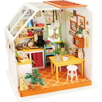 DIY Bebek Evi Minyatür Mobilya İle Ahşap Ev Bulmaca Oyuncaklar Manuel Montaj Modeli Çocuklar İçin jason'ın Mutfak DG105 # E