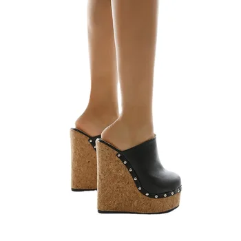 Seksi Perçin Platformu Takozlar Pompaları yüksek topuklu ayakkabı Sandalet Yaz Ayakkabı Kadın Sandalet Boyutu 42 Topuklu Kadınlar için Zapatos De Mujer
