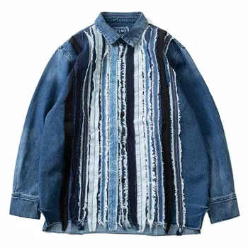 Vintage Hip Hop Rahat Mavi Denim Gömlek Yıkanmış Harakuju Streetwear Patchwork Kot Gömlek Erkek