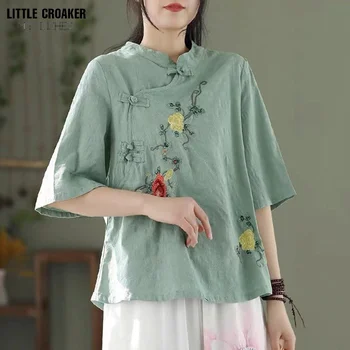 Yaz Kadın Çin Gömlek Gevşek Vintage Pamuk Keten Üstleri Chinoiserie Hanfu Cheongsam Bluz Nakış Budist çin kıyafetleri