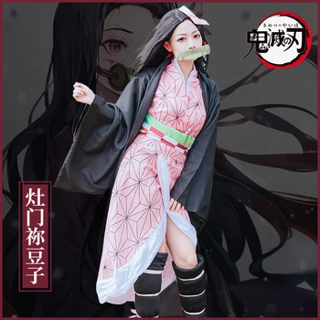 Kamado Nezuko Anime Cosplay Kostüm Peruk iblis avcısı Kimetsu hiçbir Yaiba Kimono Üniforma Pelerin Tam Set Cadılar Bayramı Degrade saç