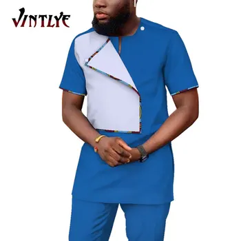 Afrika Giysi Erkekler için 2 Adet Set Kısa Kollu Gömlek ve Pantolon Bazin Riche Rahat Dashiki Takım Elbise Patchwork afrika kıyafeti Wyn1583
