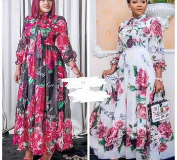 Bahar uzun kollu elbise Kadın Pilili Çiçek Baskı Elbise 2022 Zarif Kadın Gevşek Afrika Ofis Bayanlar Vintage Midi Elbise Retro