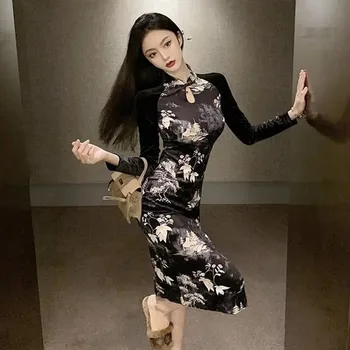 Vintage Tek Parça Elbise Hong Kong Sonbahar Kadife Baskı Elbise Ofis Bayan Uzun Kollu Akşam Parti Renk Eşleştirme Kış Etek