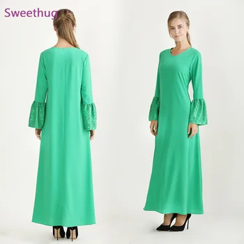 2021 yeni Moda müslüman uzun elbise maxi yeşil elbise parlama kollu uzun elbise kimono ramazan islam namaz giyim müslüman elbise