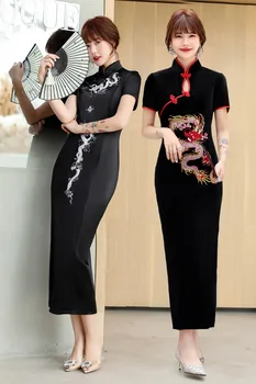 2022 Yeni Bahar Ve Yaz Cheongsam Elbise Uzun Kadife Çin Nakış Ejderha Desen Performans kadın Elbise Parti Birthda