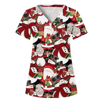 2023 Yeni Yıl Fırçalama Üstleri Bayan Noel Tshirt V Boyun Kısa Kollu Baskı Sağlık İş Giysisi Casual Tops Klinik hemşire üniforması