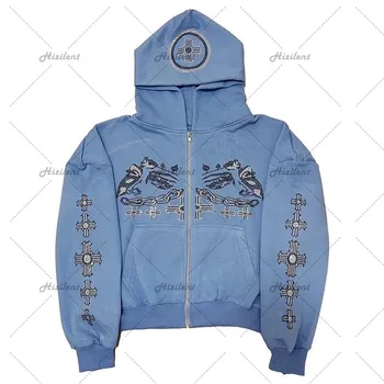 Y2k ceket erkek hoodies emo Zip Hoodie Rhinestone şeytan goth Kazak Spor Ceket Kazak Gotik Uzun Kollu Büyük Boy hoodie