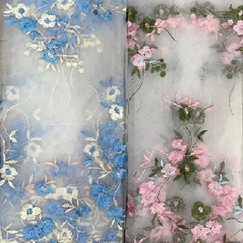 Son Mavi Pembe Çiçekler Nakış Fransız Tül Dantel kumaş DIY Dikiş Bebek elbise Yürümeye Başlayan Elbise El Sanatları Kaynağı masa süsü