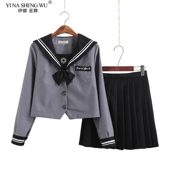 Siyah Gri JK Üniforma Yaz Japon Lise Üniformaları Kız Denizci Setleri Pilili Etek Takım Elbise JK Üniforma Cosplay Amin Kostüm