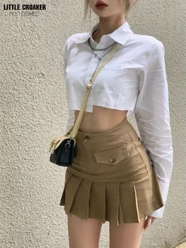 Pilili Mikro Etek Kadın Kore Moda Rahat Düğme Cep Patchwork Yüksek Bel A-line Seksi Mini Etek Streetwear Alt Elbise