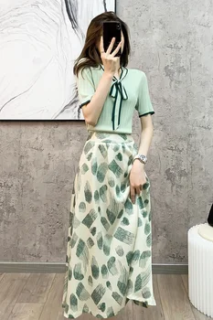 Yüksek Kaliteli kazak Setleri 2021 İlkbahar Yaz Uzun Etek Takım Elbise Kadın Örme Yeşil Kazak + Zarif Çiçek Baskı Etek setleri 2 adet