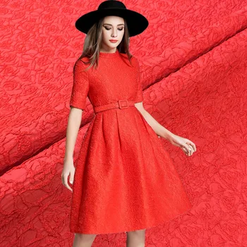 HLQON Yüksek kaliteli batı tarzı ıpliği boyalı jakarlı brokar kırmızı kumaş doku kadın elbise giyim patchwork