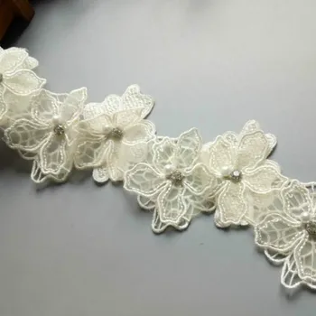 20 Adet / grup Fildişi Petal Çiçek Organze Nakış Kumaş Dantel Yama Trim Elbise 3D Boncuk Çiçek düğün elbisesi Dıy Aplike