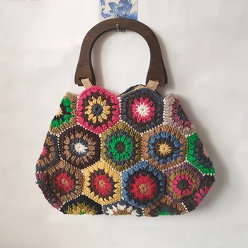 El yapımı Çiçek Dokuma Kadın Çanta Ahşap Saplı Tote Tığ Alışveriş Çantaları Kadınlar için 2023 Örgü omuzdan askili çanta Çantalar Debriyaj