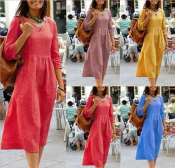ZİTY V Yaka Elbise Kadınlar 2022 Sonbahar Yaz Yeni Rahat Gevşek Elbise Commuting Düz Renk Orta Kollu Pamuk Keten Bayan Elbise