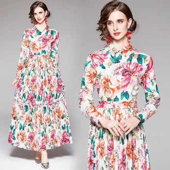 Çiçek Baskılı Büyük Gömlek Elbise Pilili Elbise 2022 Uzun Kollu İlkbahar / Sonbahar Turn-aşağı Yaka Düğmesi Ofis Bayan Vintage Elbise