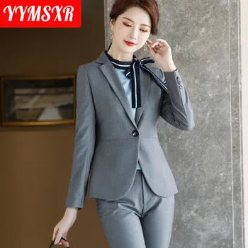 2022 Yeni Büyük Boy Takım Elbise Ofis Profesyonel Fit Uzun Kollu Mizaç Bayan Blazer Yüksek Bel günlük pantolon İki parçalı Set