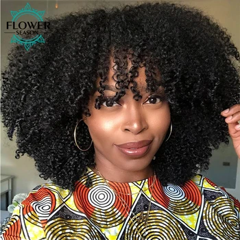 Brezilyalı insan saçı kahküllü peruk Kısa kıvırcık Bob peruk Kadınlar İçin 200 % Afro Kinky Kıvırcık Makine Yapımı Peruk Derisi Üst FlowerSeason