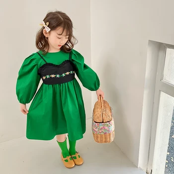 Bahar Sonbahar Kız Elbise Bebek Elbise Çocuk Elbise Çocuk Giyim Ayrılabilir Camiş Puf Kollu Karikatür Nakış 1-6Y