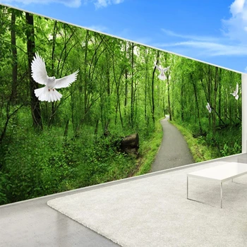 Özel Fotoğraf Duvar Kağıdı Oturma Odası Yatak Odası Duvarları İçin 3D Yeşil Orman Yolu Beyaz Güvercin Arka Plan Duvar Dekorasyon Boyama