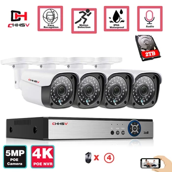 4CH 4K Ses Kayıt POE NVR Gözetim Kiti H. 265 5.0 MP POE Bullet CCTV IP Kamera Su Geçirmez Açık Gece Görüş Seti Xmeye