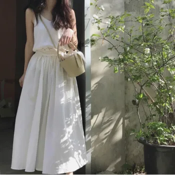 Kadın Yaz Uzun A-line Beyaz Etekler Pamuk Yüksek Bel Bandaj Jupe Femme Zarif Faldas Largas Mujer Spodnica