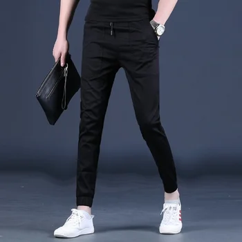 Siyah Yaz Erkek Ayak Bileği Uzunlukta Pantolon Streetwear Casual Spor Joggers Hafif Elastik Bel İpli Pantolon