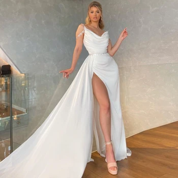 V Yaka Sapanlar düğün elbisesi Kristaller Boncuklu Saten Elbise Zarif Elbiseler Kadınlar İçin Beyaz Düğün Akşam Elbise Yarık