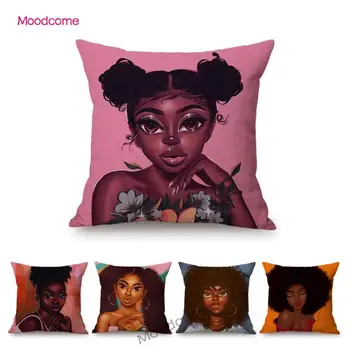 Siyah Afrikalı Kız Afro Karikatür Moda Kanepe Atmak Yastık Kılıfı Moda Ev Dekorasyon Pamuk keten yastık Kılıfı