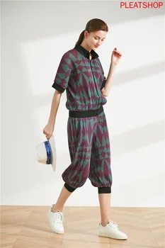 Rahat spor elbise Kadın Yaz Yeni Geometrik Baskı Kısa Kollu Ceket Kırpılmış harem pantolon İki Parçalı kadın giyim