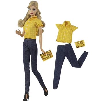NK Resmi 1 Takım Zarif bebek kıyafeti: parlak sarı gömlek + şık uzun kot pantolon + göz kamaştırıcı altın çanta barbie bebek İçin 1/6 Bebek
