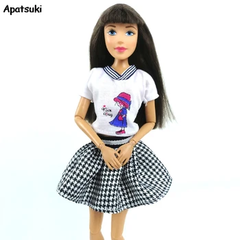 1 takım Beyaz Kız Baskı Gömlek Tops Kısa Mini Etekler Kıyafetler Günlük günlük giysi Elbise barbie oyuncak bebek Giysileri DIY Oyuncak Dollhouse
