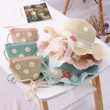 3-7 Yaşında Kız Hasır Şapka çanta seti Çiçekler 2 ADET plaj şapkası çanta seti Salladı Kamp Seyahat Sunhat Bahar Yaz açık hava şapkası