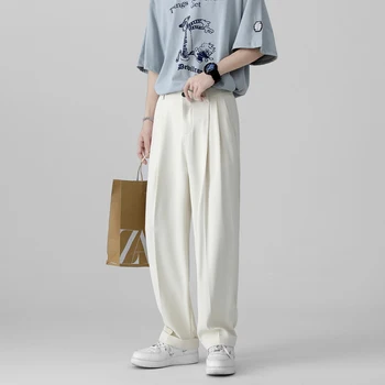 Beyaz İpek Pantolon Erkek Gevşek Pürüzsüz Takım Elbise Pantolon Kore Tarzı Zarif Yaz Pantolon Sosyal Ofis Pantolon Japon Streetwear