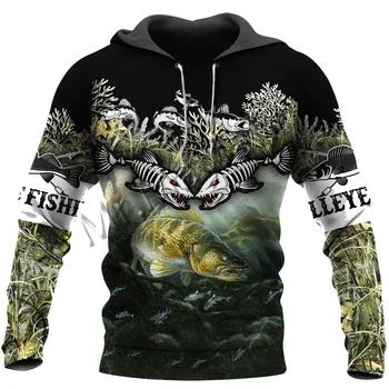 Serin 3D Baskı Hayvan Walleye Balıkçılık Camo Moda Erkek Kadın Eşofman Rahat Hoodie / Fermuar / Tişörtü / Ceket / Tops S-135