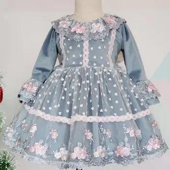 Bebek Kız Sonbahar Kış Kadife Uzun Kollu Vintage İspanyol Prenses Balo Elbise çocuklar için dantel Noel Rahat